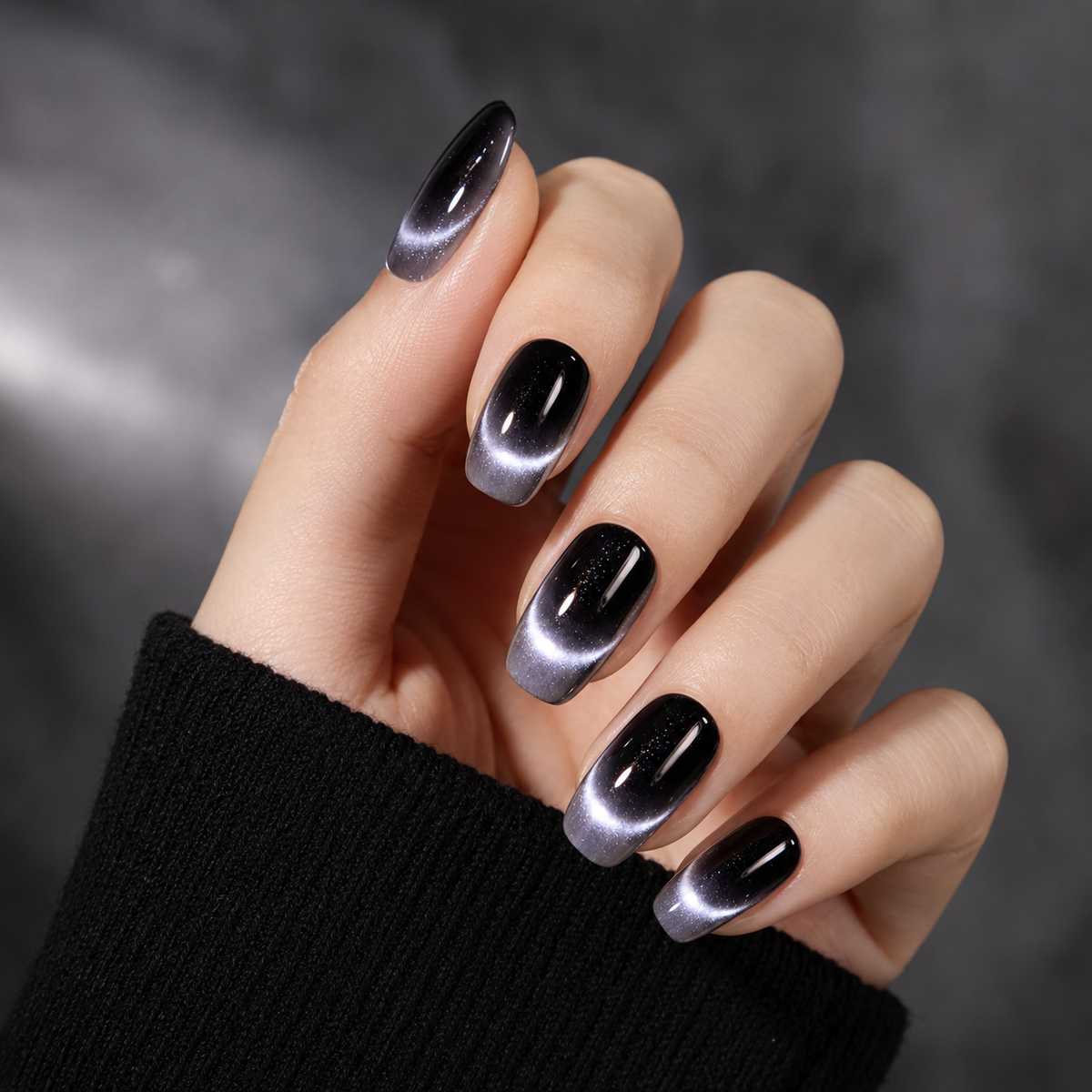 Midnight Silver Halo Short Squoval Press-On Nails, Black Cat-Eye French Tips