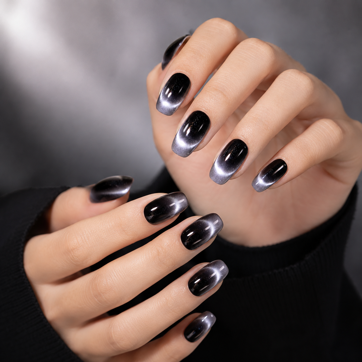 Midnight Silver Halo Short Squoval Press-On Nails, Black Cat-Eye French Tips