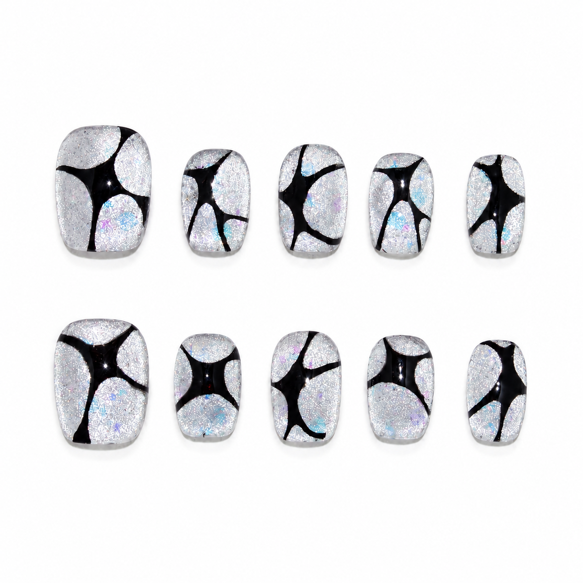 Diamond Starburst Short Square Press-On Nails, Silver Glitter Black Geometric Y2K Style