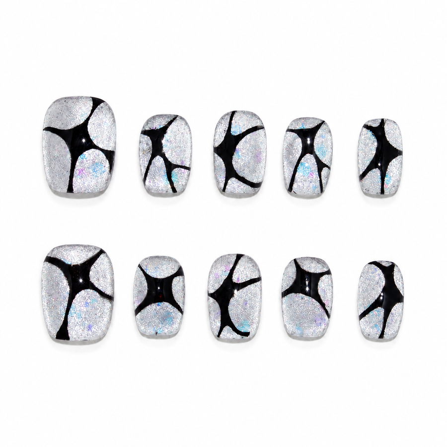 Diamond Starburst Short Square Press-On Nails, Silver Glitter Black Geometric Y2K Style