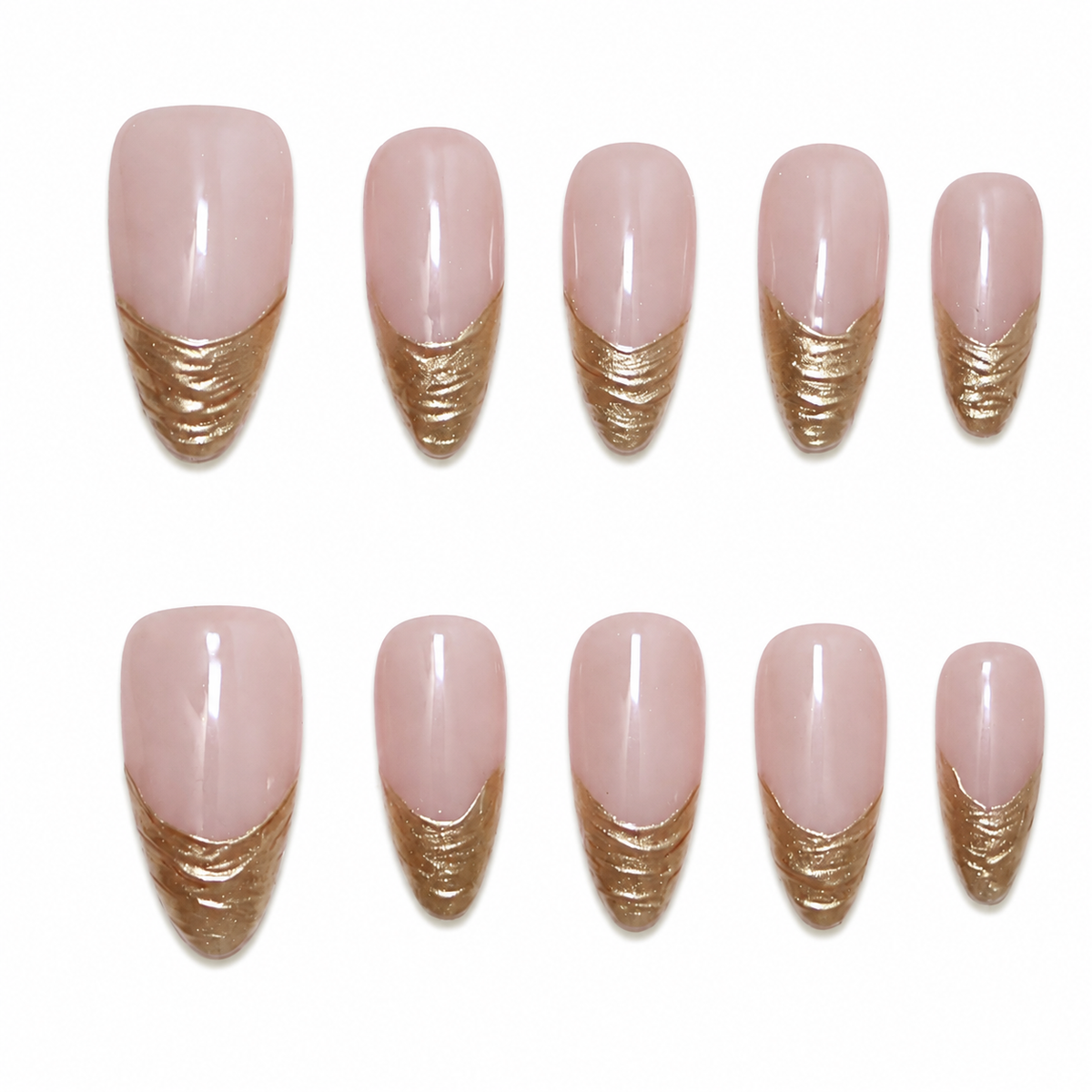 Gold Ribbed French Almond Press-On Nails, Nude Pink Luxury Office Reusable Fake Nails