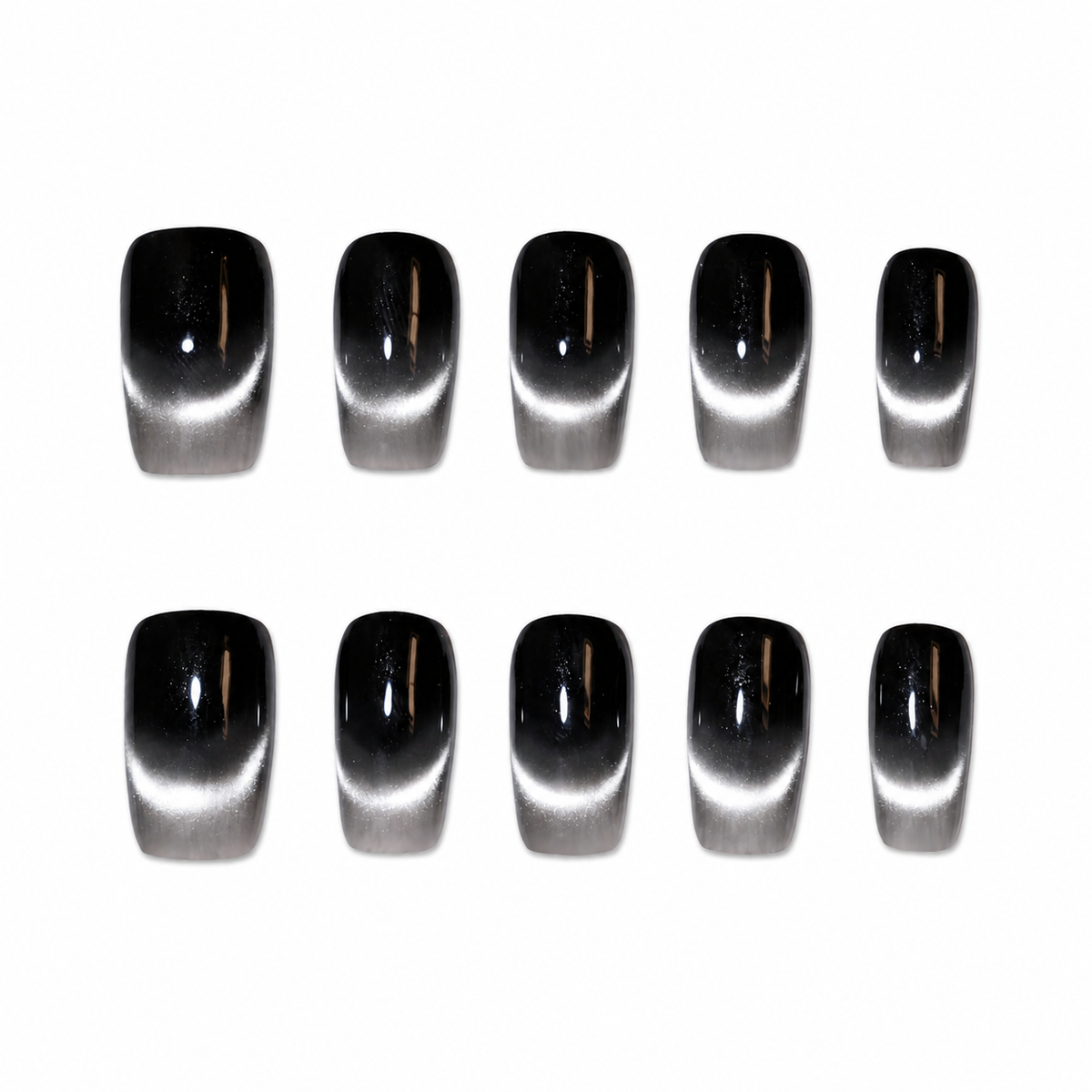 Midnight Silver Halo Short Squoval Press-On Nails, Black Cat-Eye French Tips