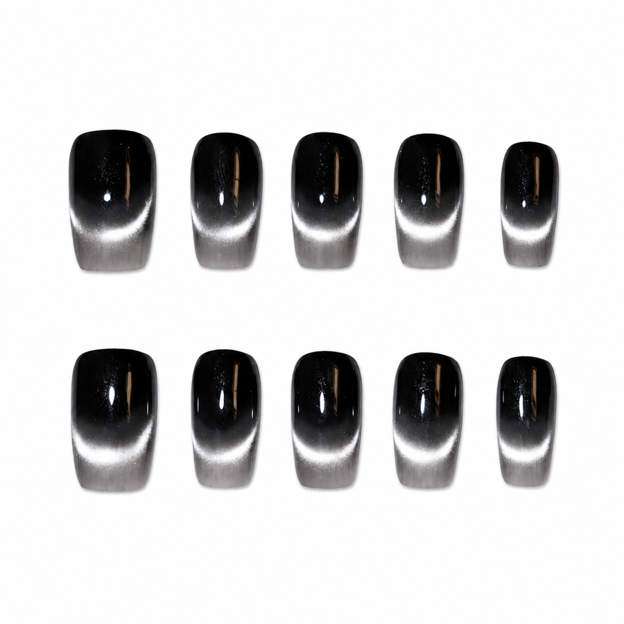 Midnight Silver Halo Short Squoval Press-On Nails, Black Cat-Eye French Tips