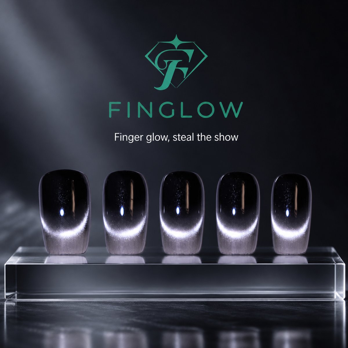 Midnight Silver Halo Short Squoval Press-On Nails, Black Cat-Eye French Tips
