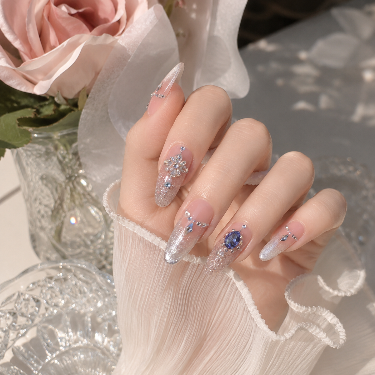 Icy Crystal Ballet Nude Pink Glitter Ombre Almond Press-On Nails with Blue Gems & Pearls