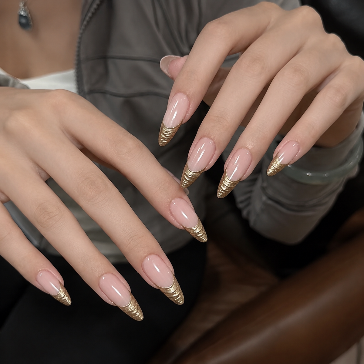 Gold Ribbed French Almond Press-On Nails, Nude Pink Luxury Office Reusable Fake Nails