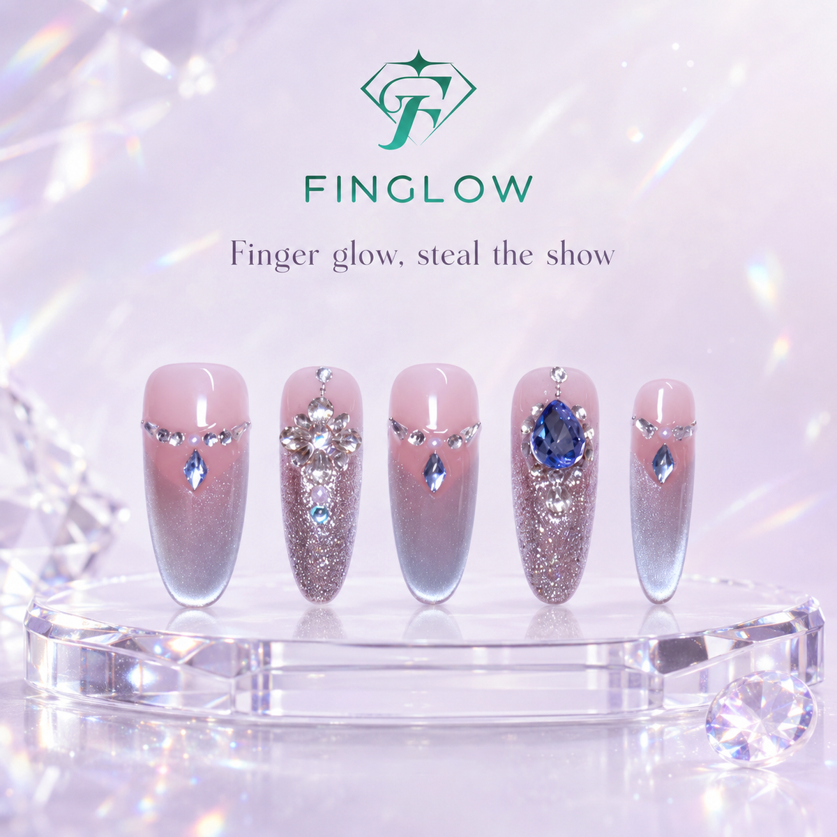 Icy Crystal Ballet Nude Pink Glitter Ombre Almond Press-On Nails with Blue Gems & Pearls