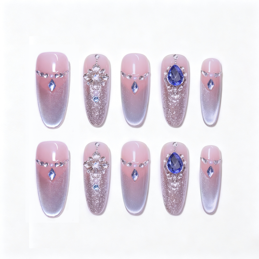 Icy Crystal Ballet Nude Pink Glitter Ombre Almond Press-On Nails with Blue Gems & Pearls