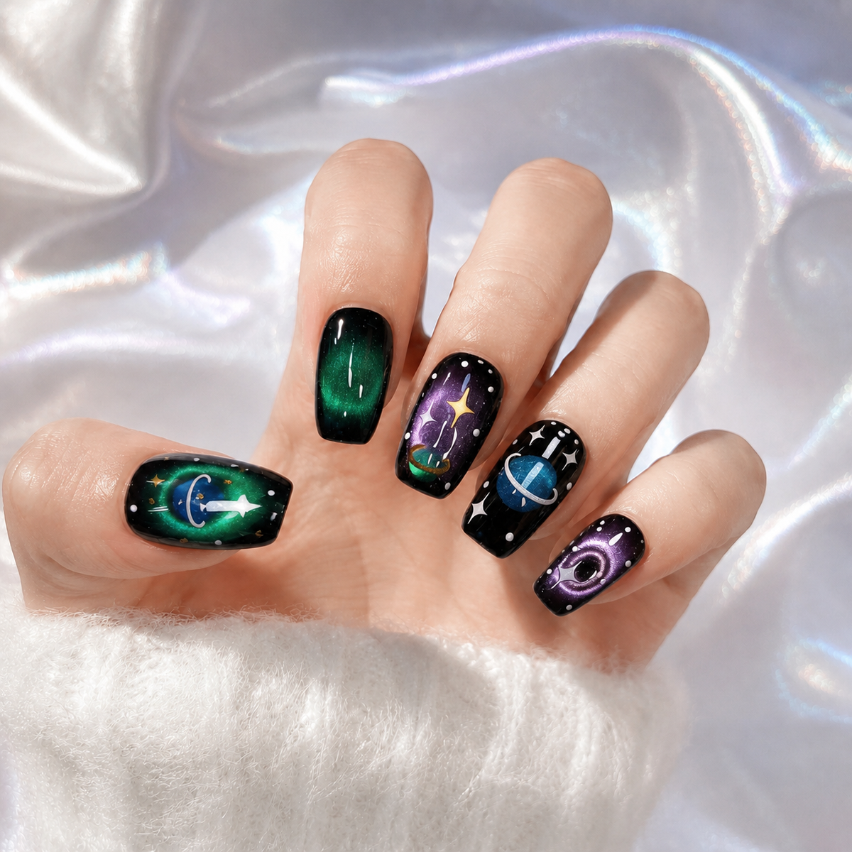 Cosmic Orbit Galaxy Planet Short Squoval Press-On Nails, Purple & Green Hand-Painted Space Art