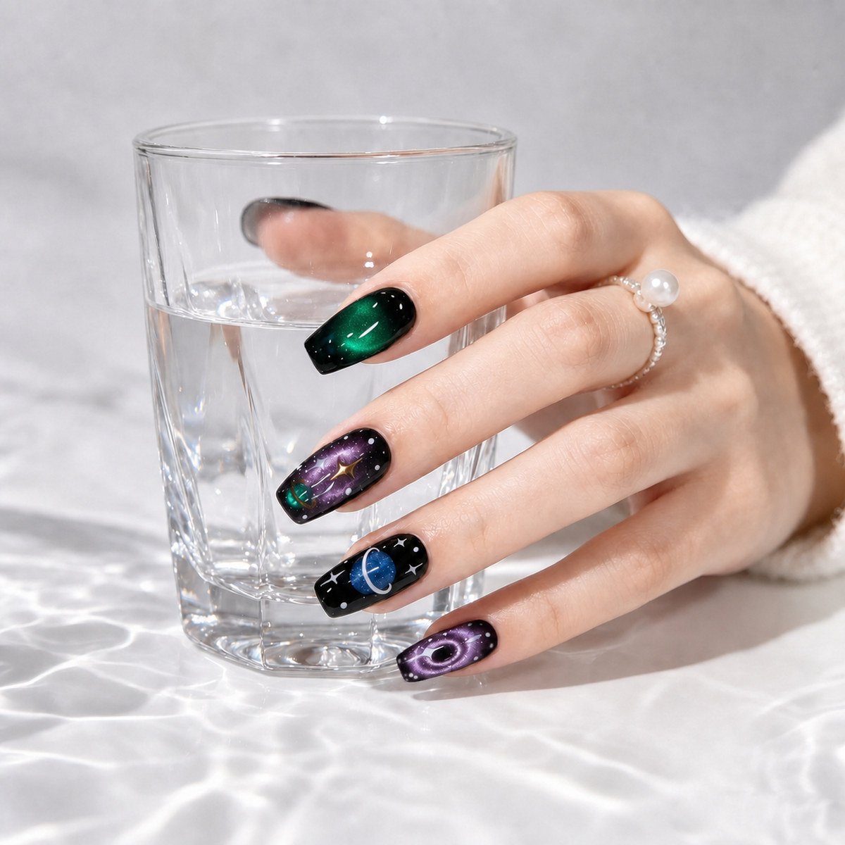 Cosmic Orbit Galaxy Planet Short Squoval Press-On Nails, Purple & Green Hand-Painted Space Art