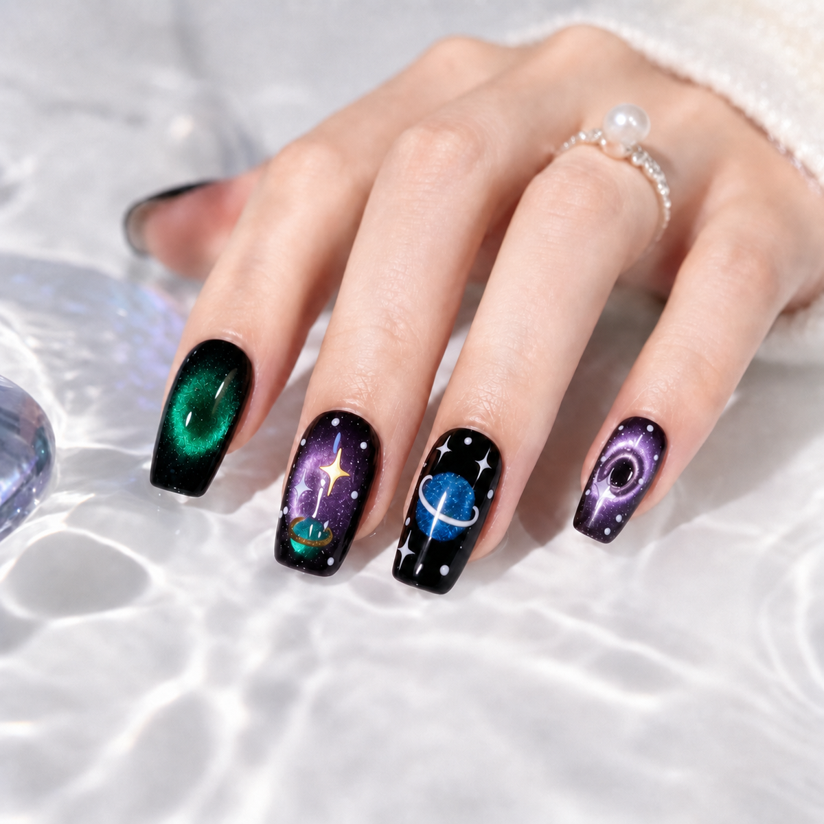 Cosmic Orbit Galaxy Planet Short Squoval Press-On Nails, Purple & Green Hand-Painted Space Art