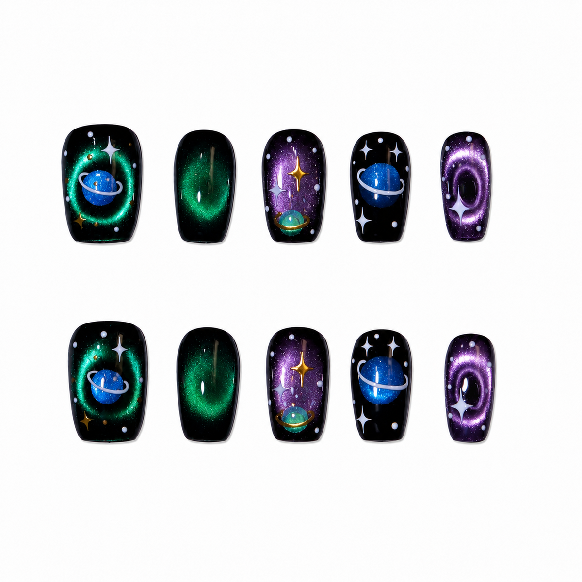 Cosmic Orbit Galaxy Planet Short Squoval Press-On Nails, Purple & Green Hand-Painted Space Art
