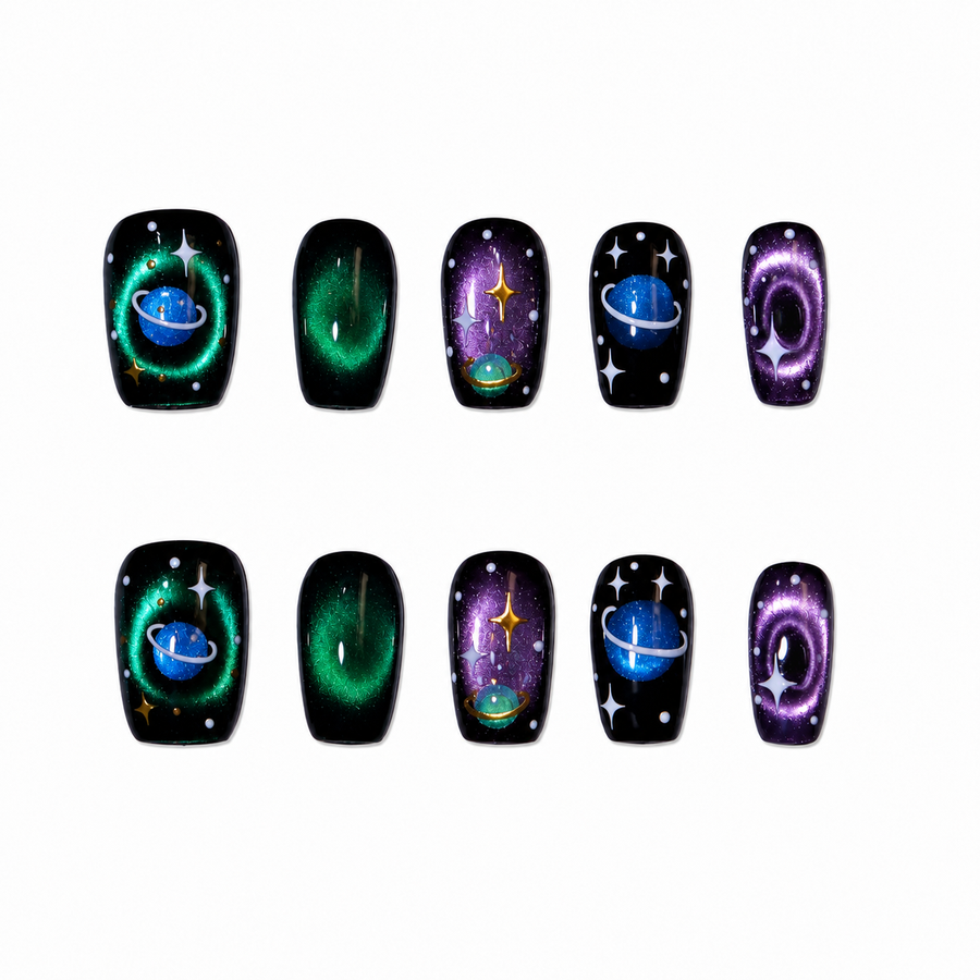 Cosmic Orbit Galaxy Planet Short Squoval Press-On Nails, Purple & Green Hand-Painted Space Art