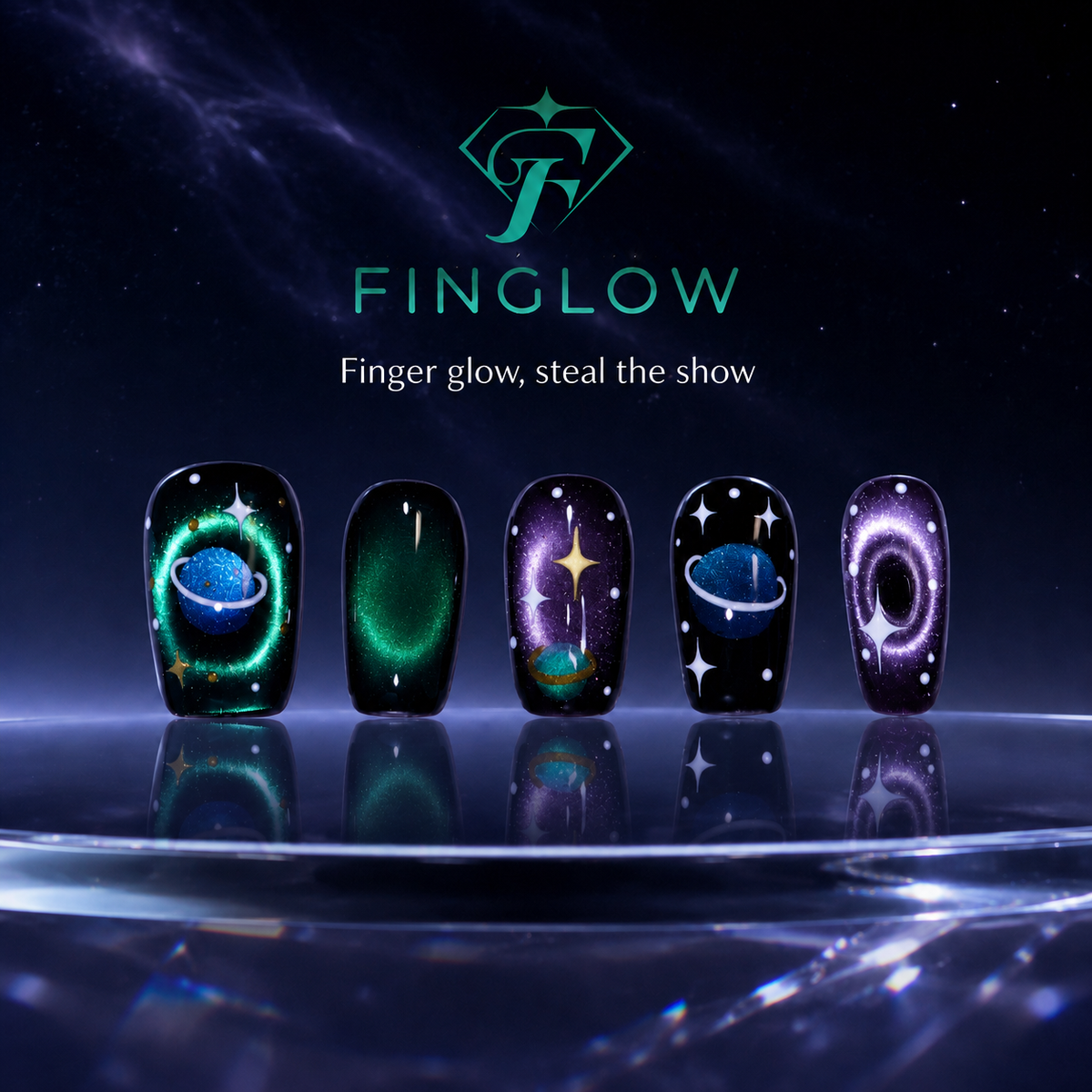 Cosmic Orbit Galaxy Planet Short Squoval Press-On Nails, Purple & Green Hand-Painted Space Art