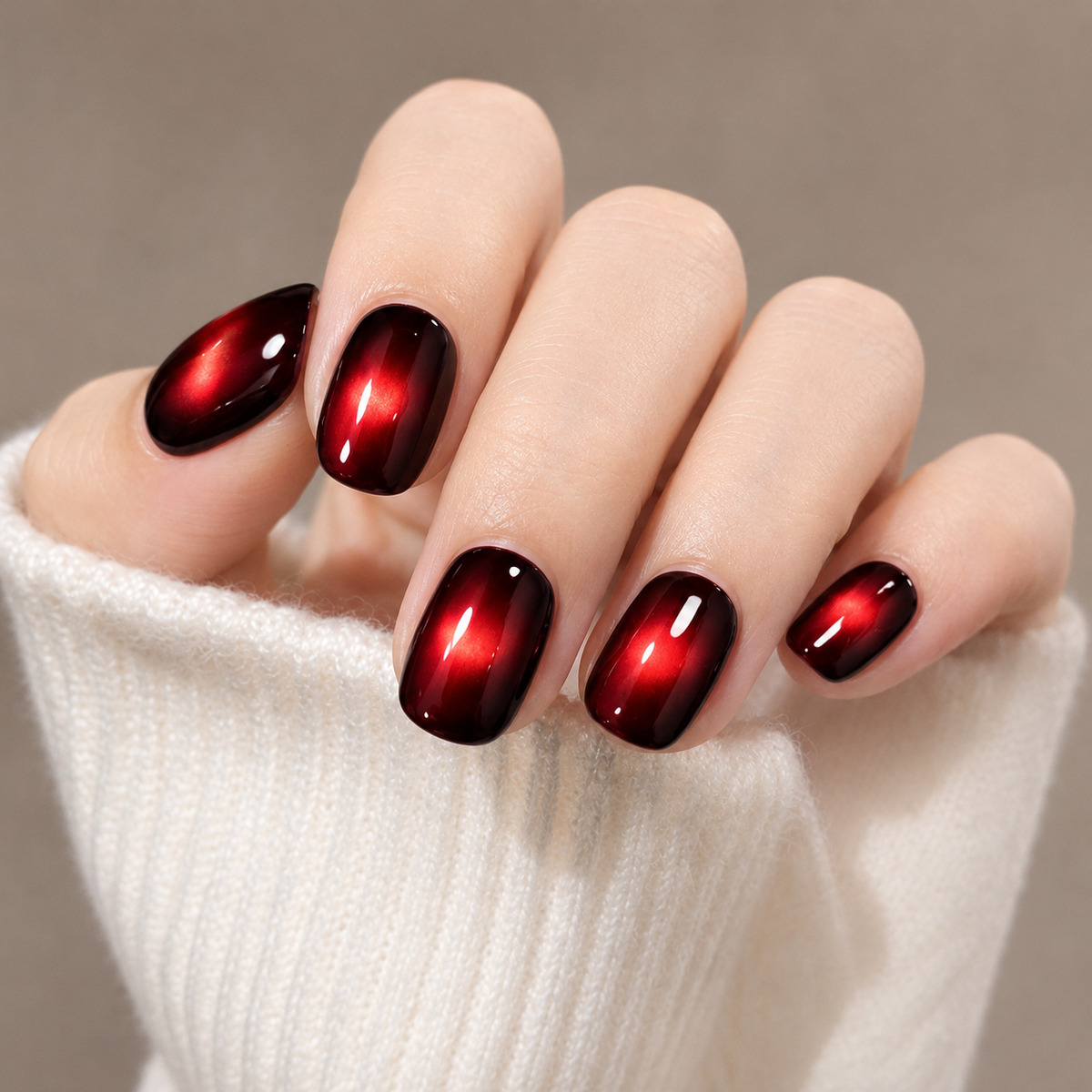 Crimson Aurora Burgundy Cat-Eye Short Squoval Press-On Nails, Deep Red Magnetic Gloss
