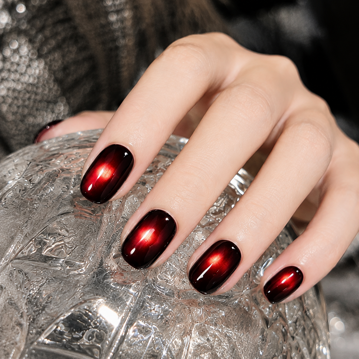 Crimson Aurora Burgundy Cat-Eye Short Squoval Press-On Nails, Deep Red Magnetic Gloss