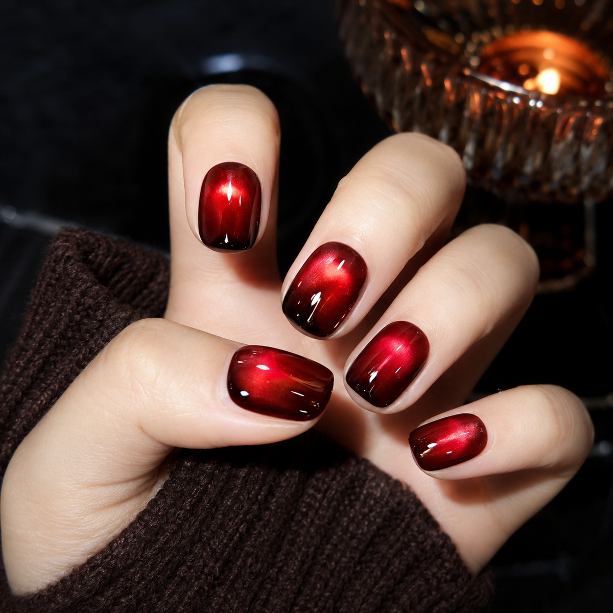 Crimson Aurora Burgundy Cat-Eye Short Squoval Press-On Nails, Deep Red Magnetic Gloss