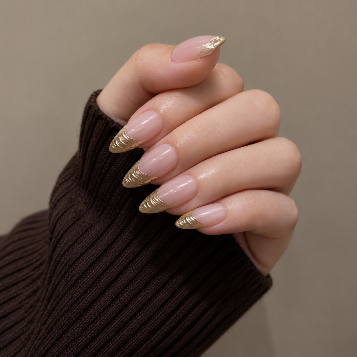 Gold Ribbed French Almond Press-On Nails, Nude Pink Luxury Office Reusable Fake Nails
