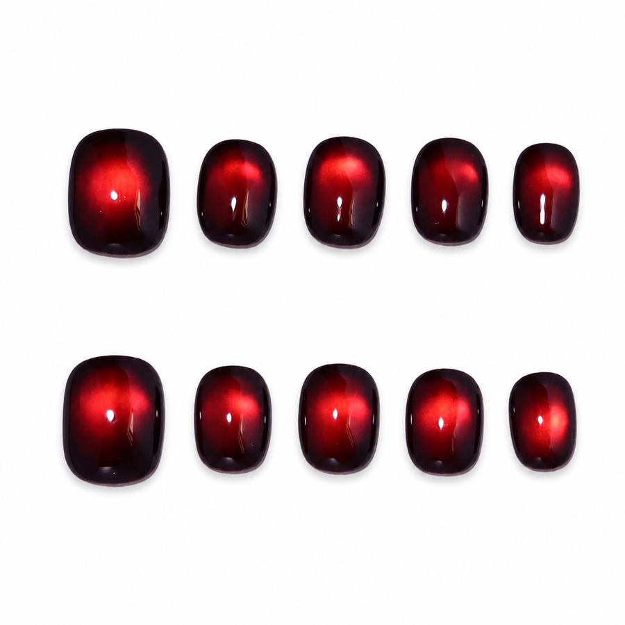 Crimson Aurora Burgundy Cat-Eye Short Squoval Press-On Nails, Deep Red Magnetic Gloss