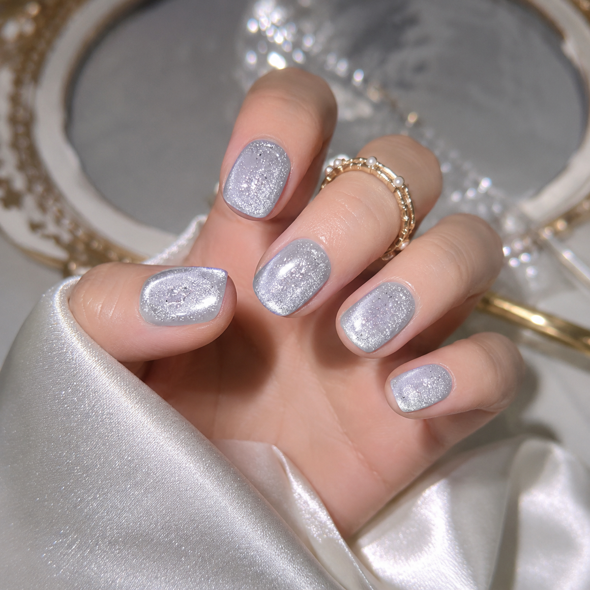 Moonlit Stardust Silver Glitter Short Squoval Press-On Nails, Icy Reflective Sparkle Set
