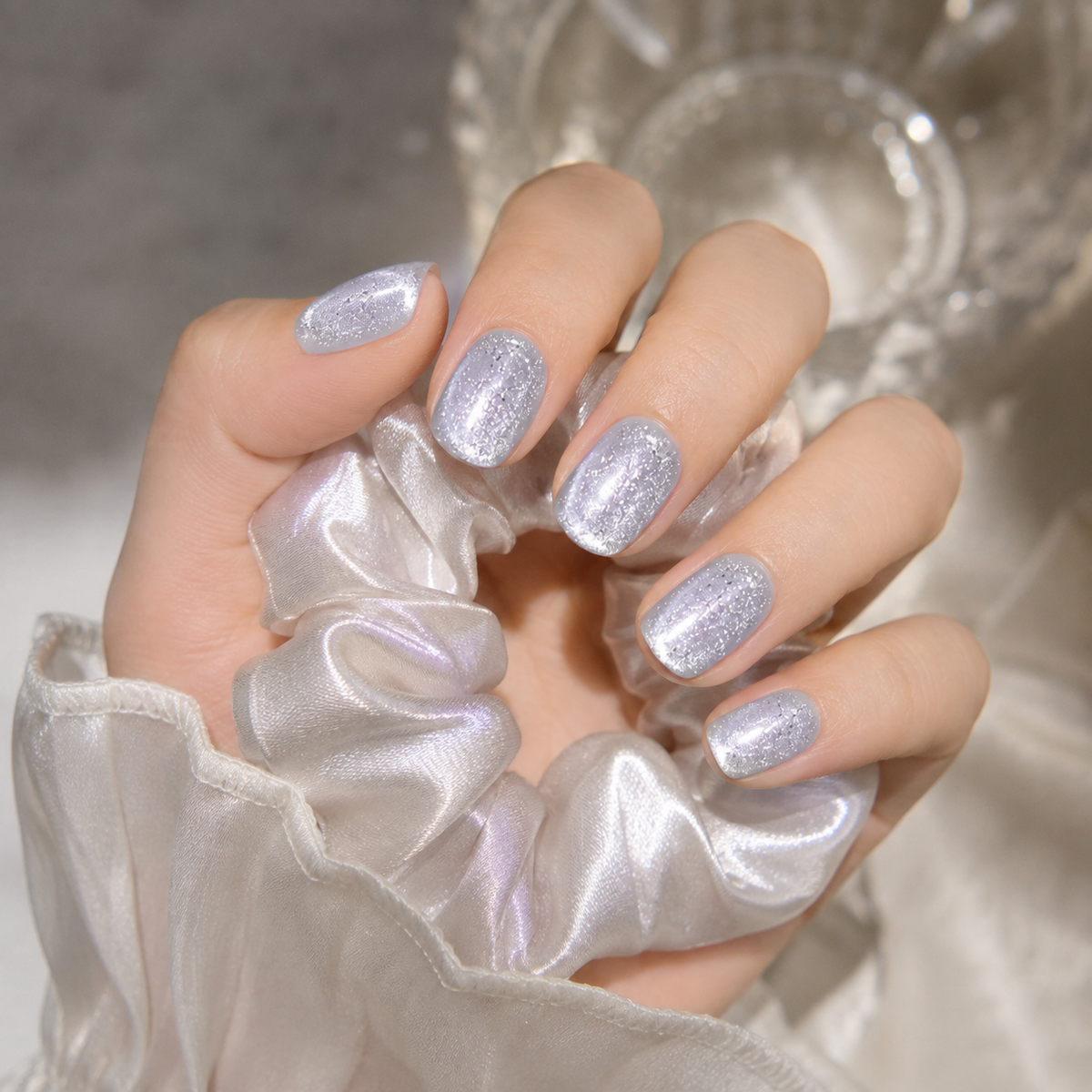Moonlit Stardust Silver Glitter Short Squoval Press-On Nails, Icy Reflective Sparkle Set