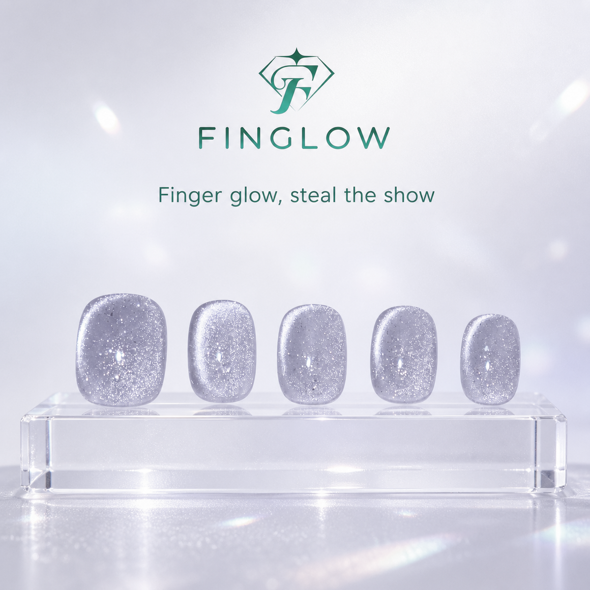 Moonlit Stardust Silver Glitter Short Squoval Press-On Nails, Icy Reflective Sparkle Set
