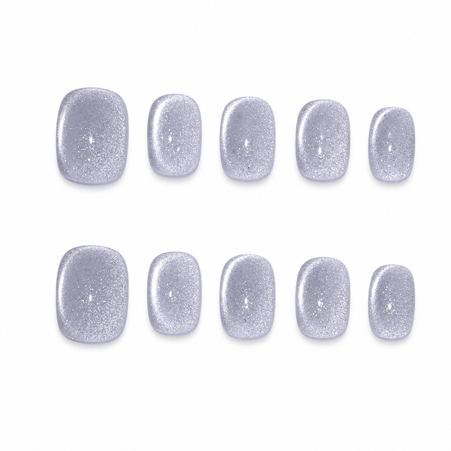 Moonlit Stardust Silver Glitter Short Squoval Press-On Nails, Icy Reflective Sparkle Set