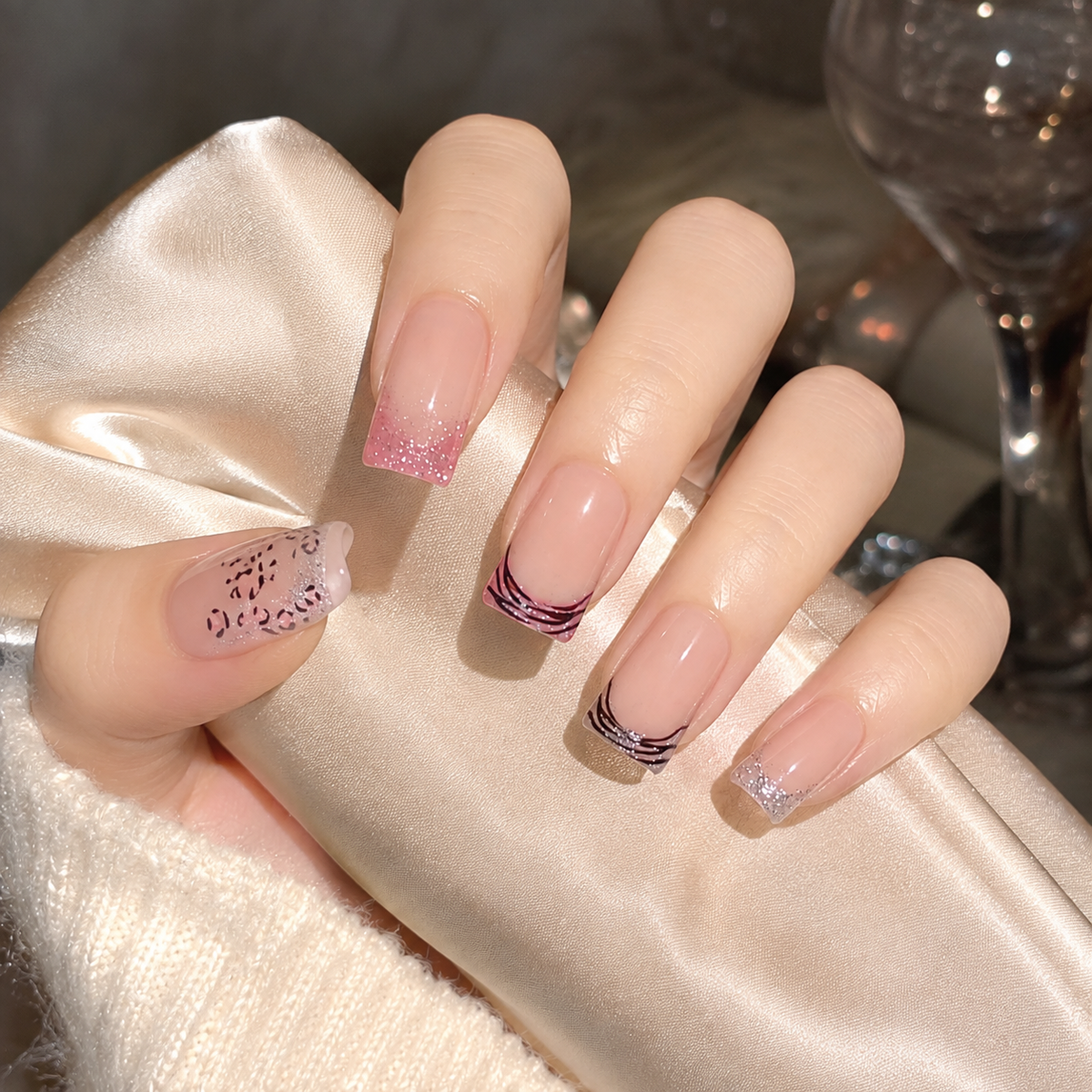 Wild Rose French Nude Pink Leopard Press-On Nails, Short Squoval Tips with Black & Silver Lines