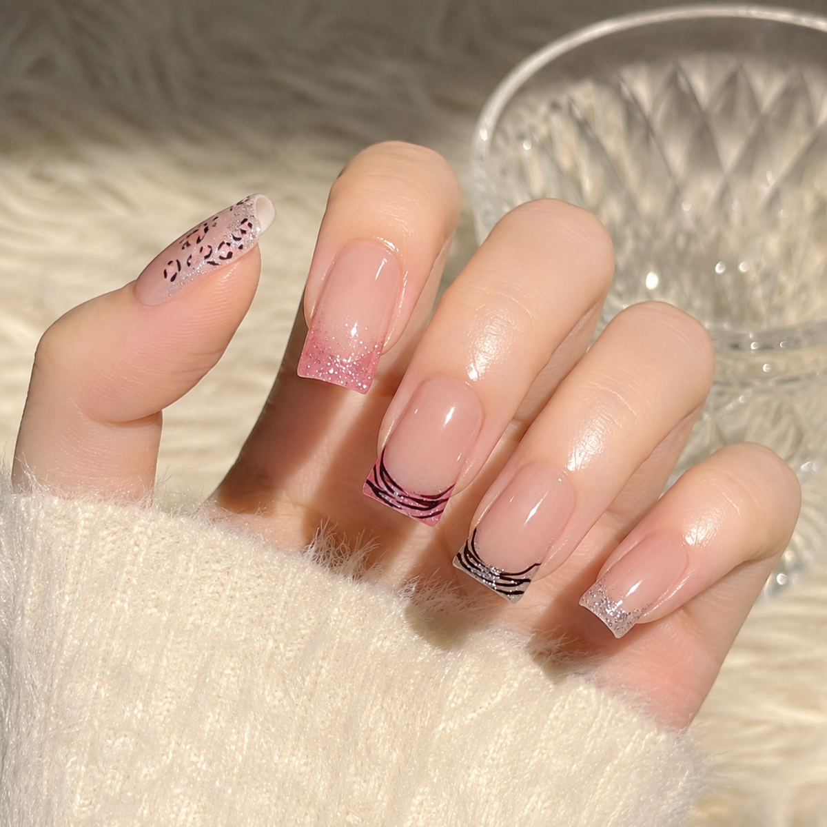 Wild Rose French Nude Pink Leopard Press-On Nails, Short Squoval Tips with Black & Silver Lines