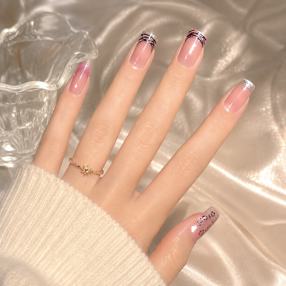 Wild Rose French Nude Pink Leopard Press-On Nails, Short Squoval Tips with Black & Silver Lines