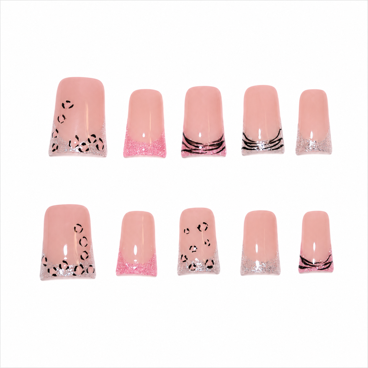 Wild Rose French Nude Pink Leopard Press-On Nails, Short Squoval Tips with Black & Silver Lines
