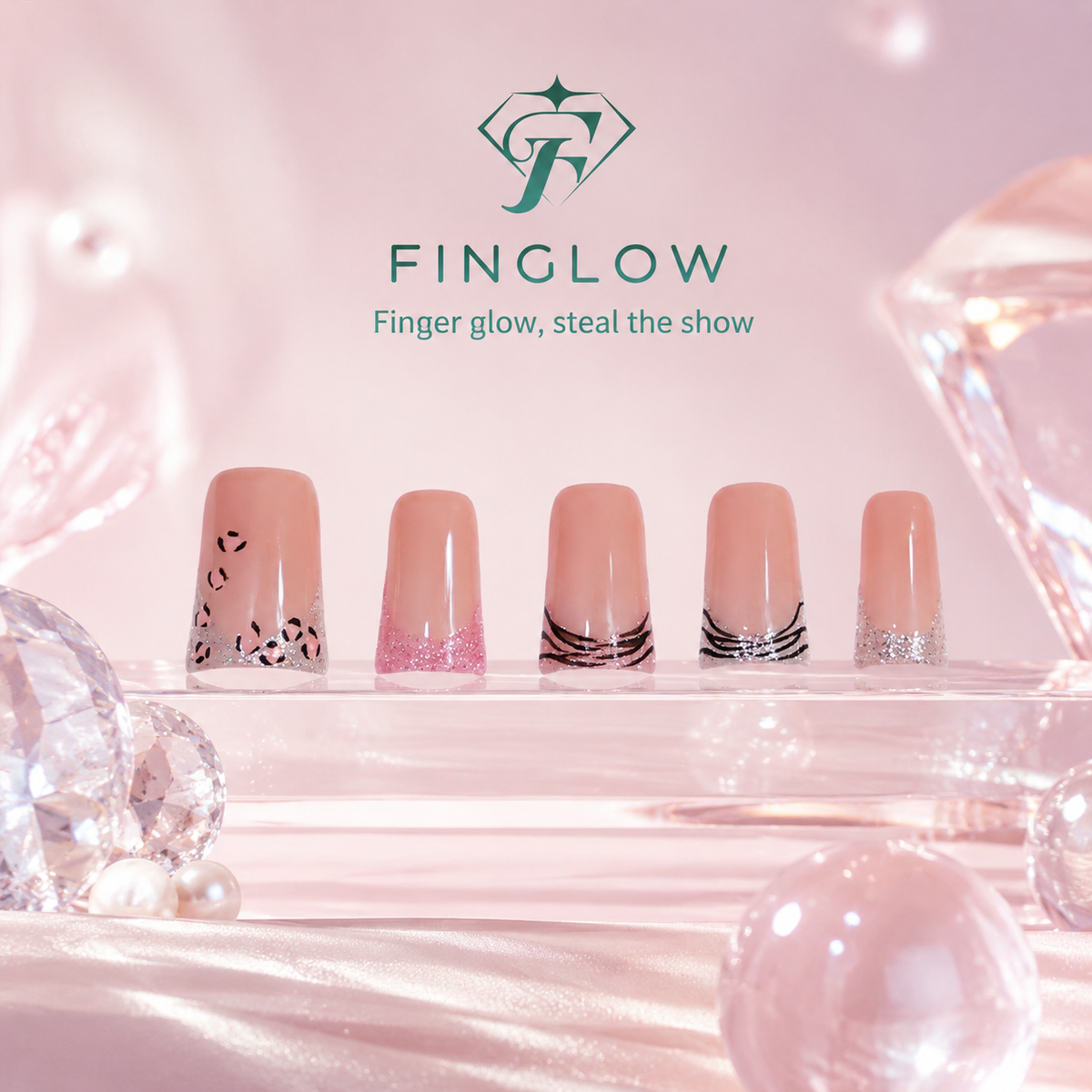 Wild Rose French Nude Pink Leopard Press-On Nails, Short Squoval Tips with Black & Silver Lines