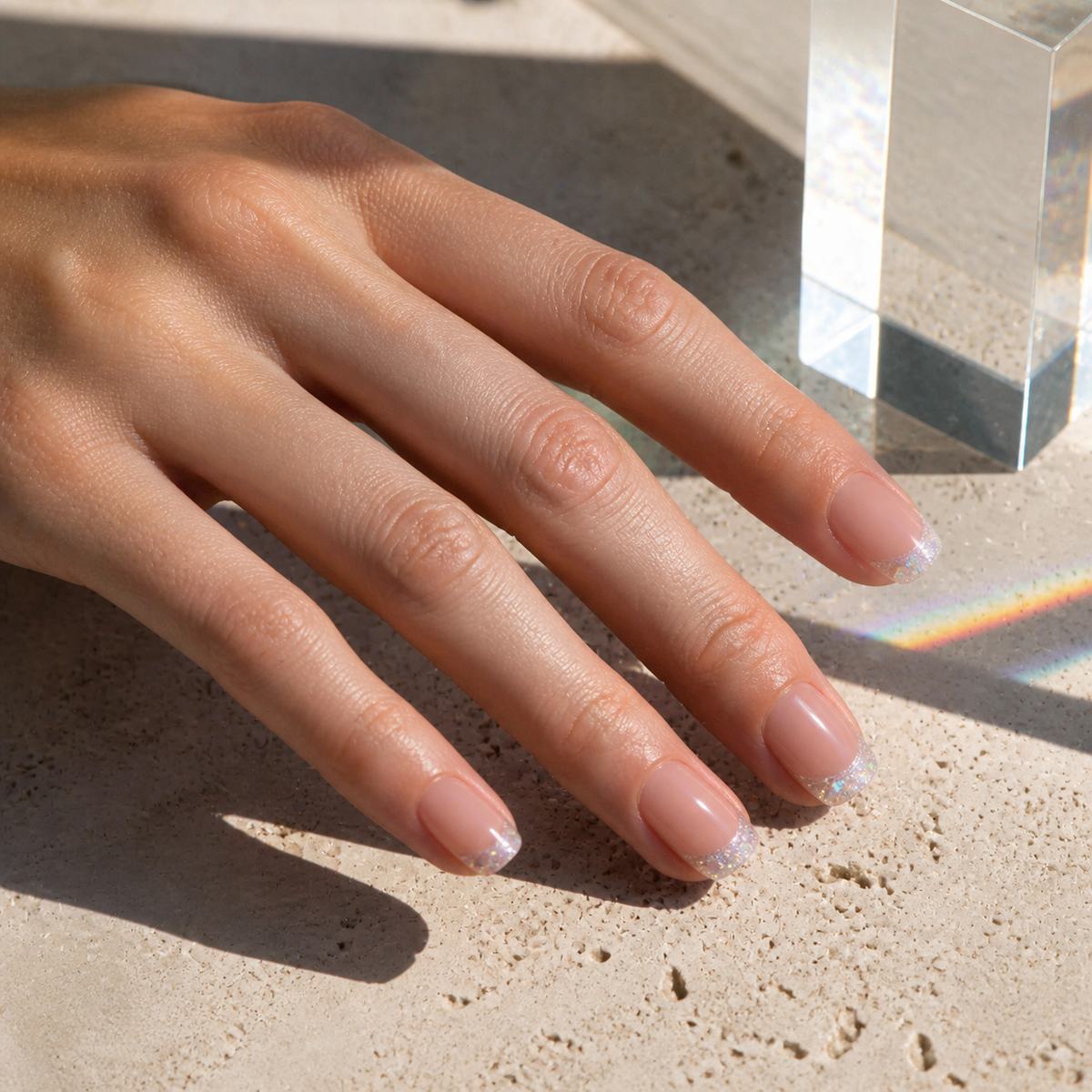 Pearl Blush Micro-French Nude Pink Short Squoval Press-On Nails, Sheer Silver Glitter Tips