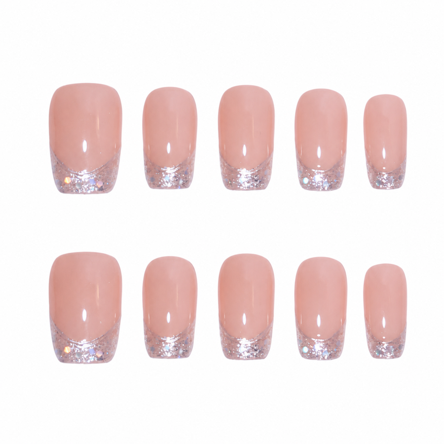 Pearl Blush Micro-French Nude Pink Short Squoval Press-On Nails, Sheer Silver Glitter Tips