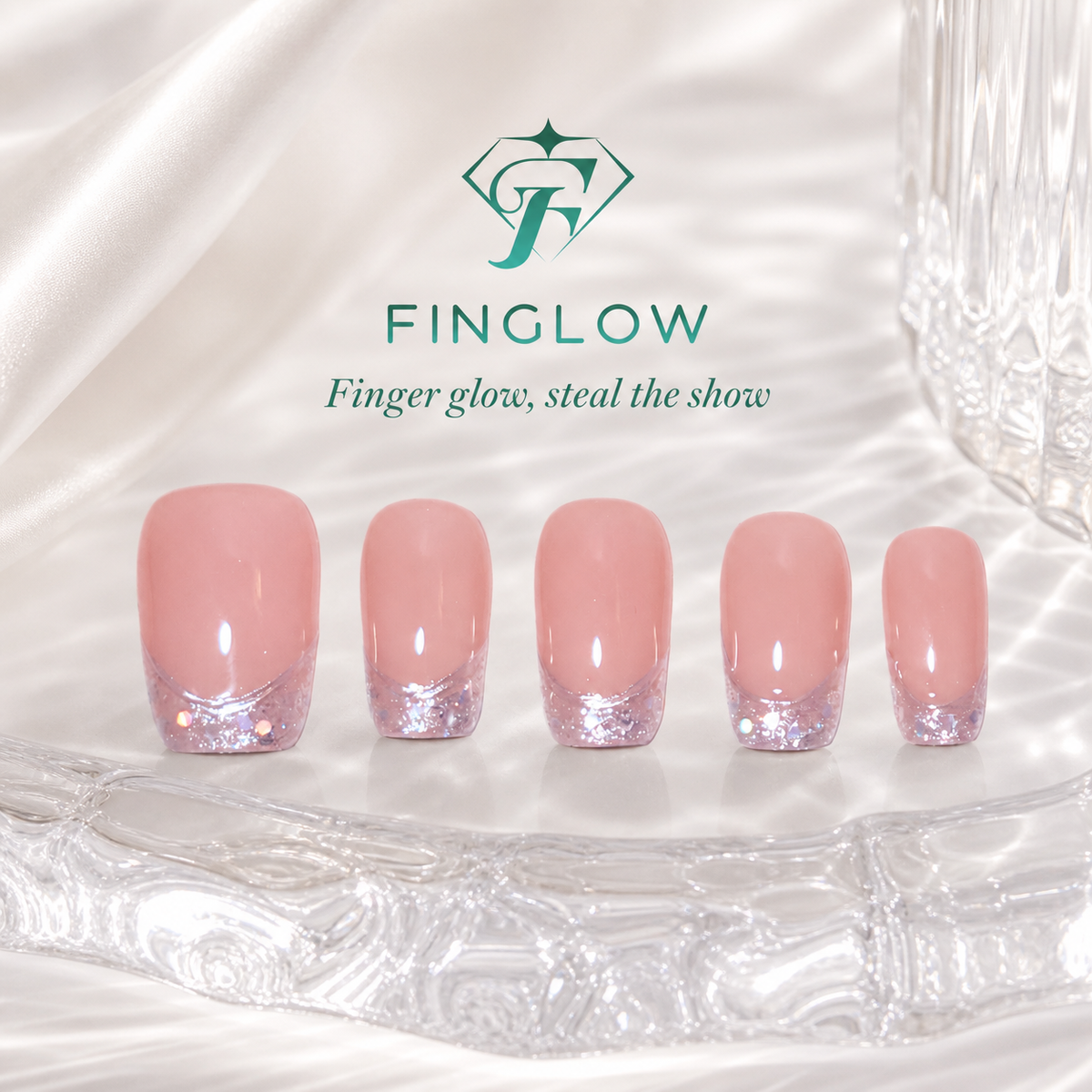 Pearl Blush Micro-French Nude Pink Short Squoval Press-On Nails, Sheer Silver Glitter Tips