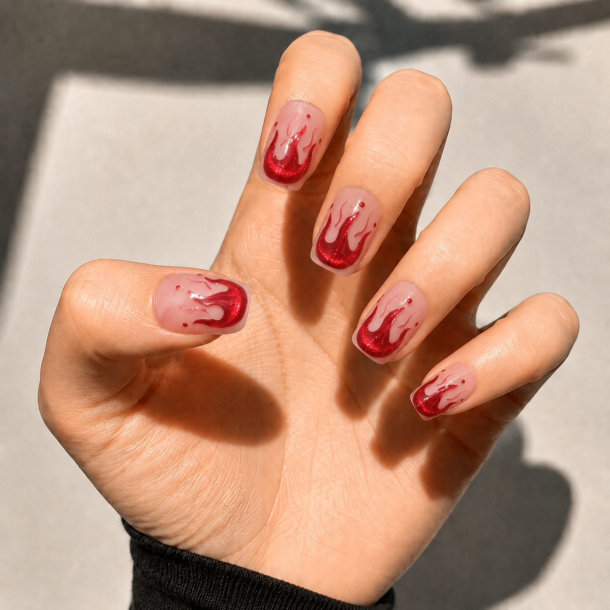 Scarlet Flame Red Metallic Flame Short Squoval Press-On Nails, Sheer Pink Y2K Party Manicure