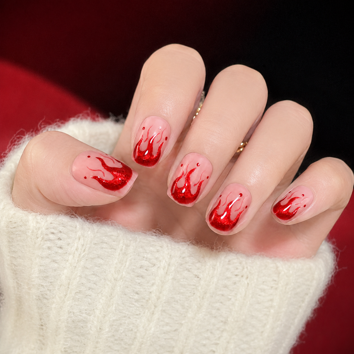 Scarlet Flame Red Metallic Flame Short Squoval Press-On Nails, Sheer Pink Y2K Party Manicure