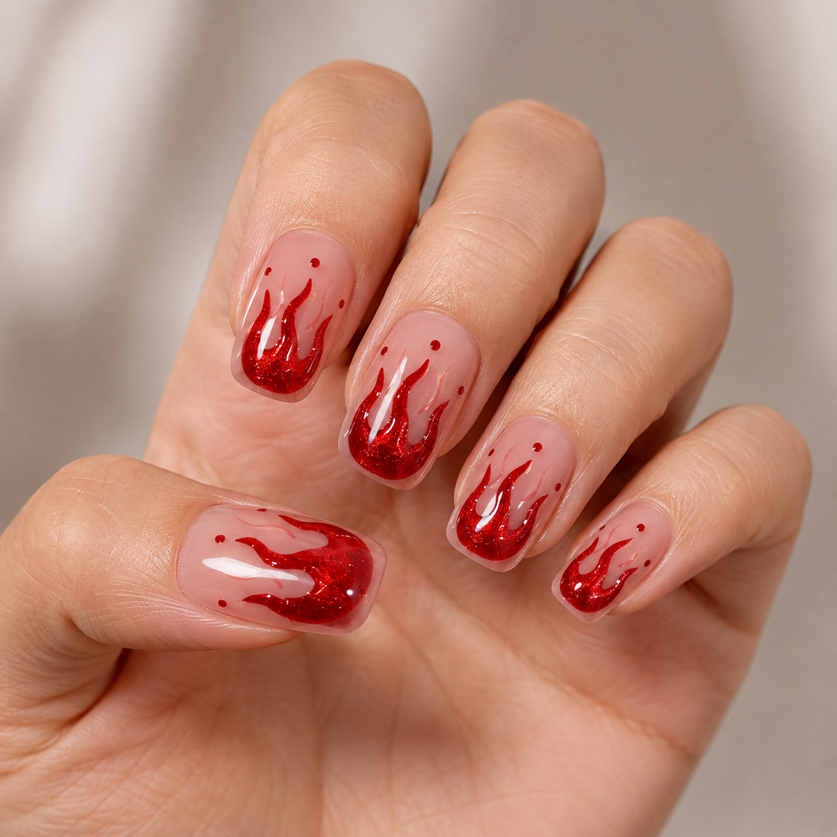 Scarlet Flame Red Metallic Flame Short Squoval Press-On Nails, Sheer Pink Y2K Party Manicure
