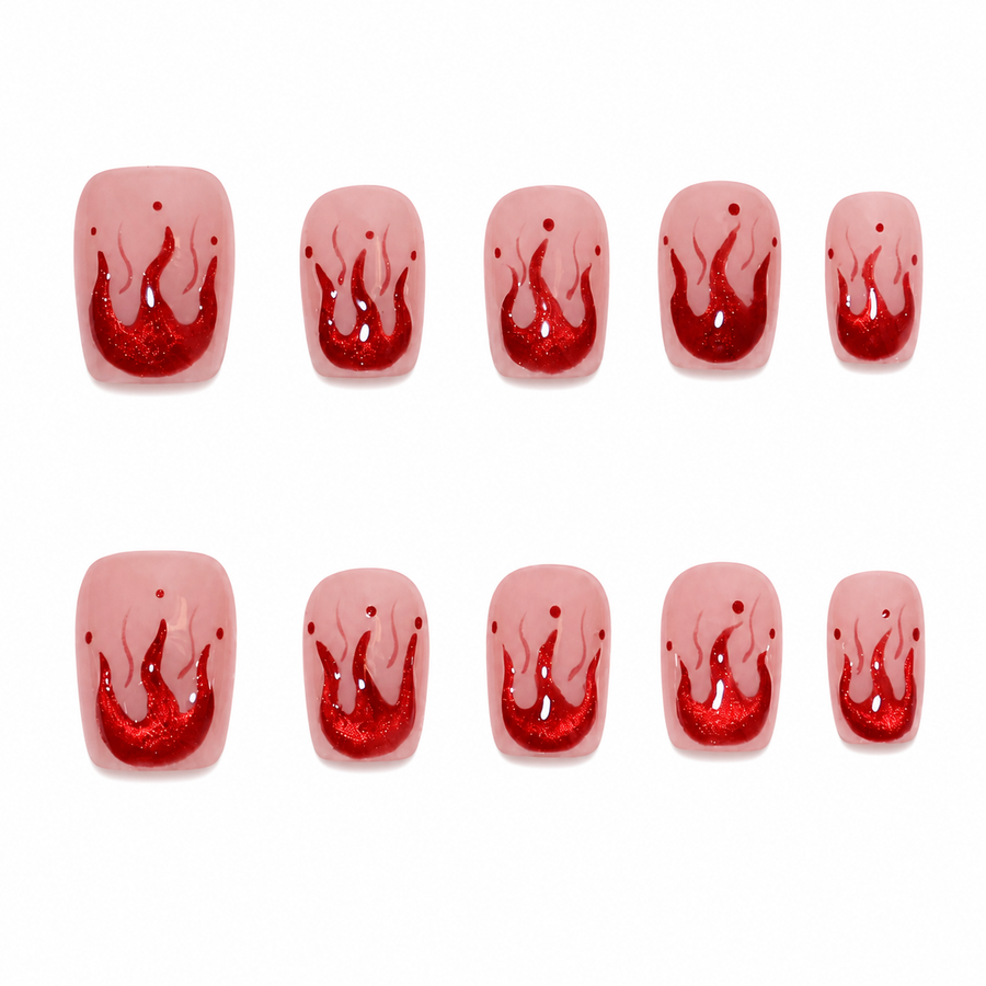Scarlet Flame Red Metallic Flame Short Squoval Press-On Nails, Sheer Pink Y2K Party Manicure