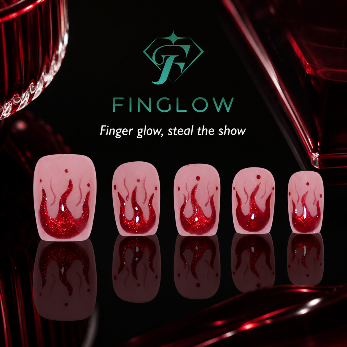 Scarlet Flame Red Metallic Flame Short Squoval Press-On Nails, Sheer Pink Y2K Party Manicure