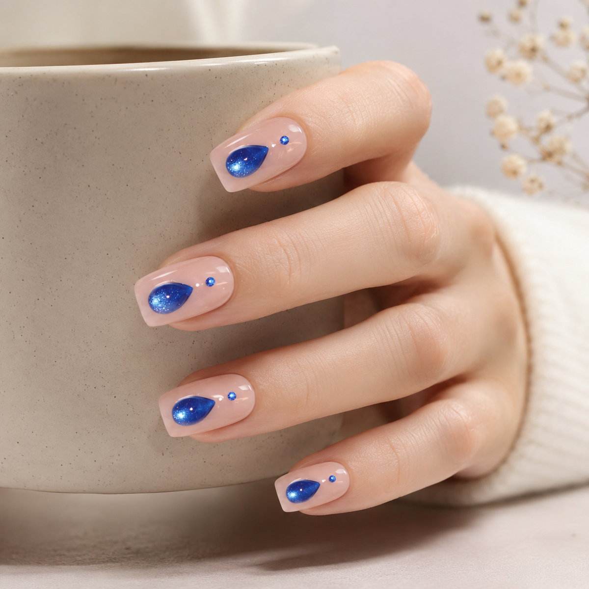 Sapphire Teardrop Nude Pink Press-On Nails, Medium-Length Squoval Tips with Blue Gem Accents