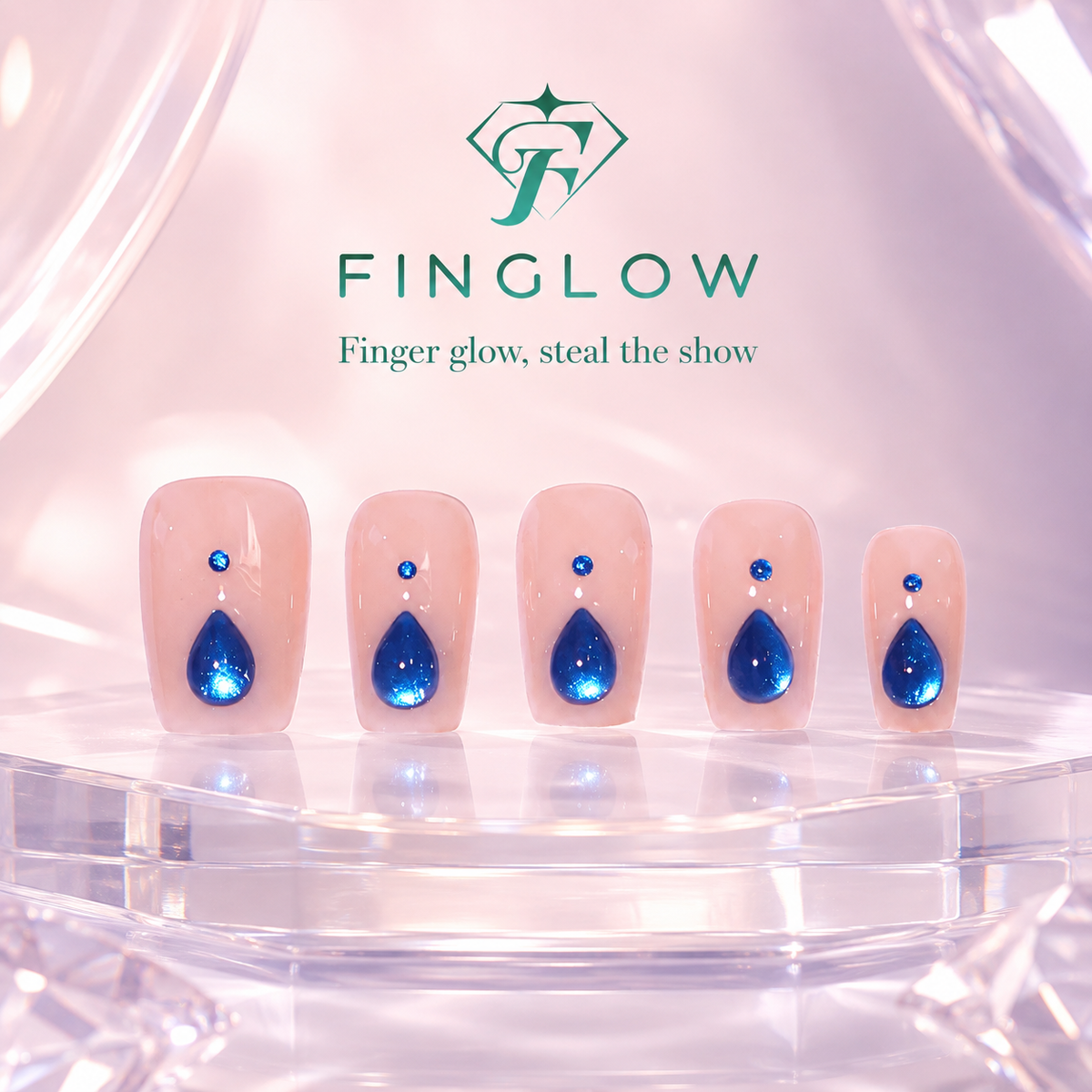 Sapphire Teardrop Nude Pink Press-On Nails, Medium-Length Squoval Tips with Blue Gem Accents
