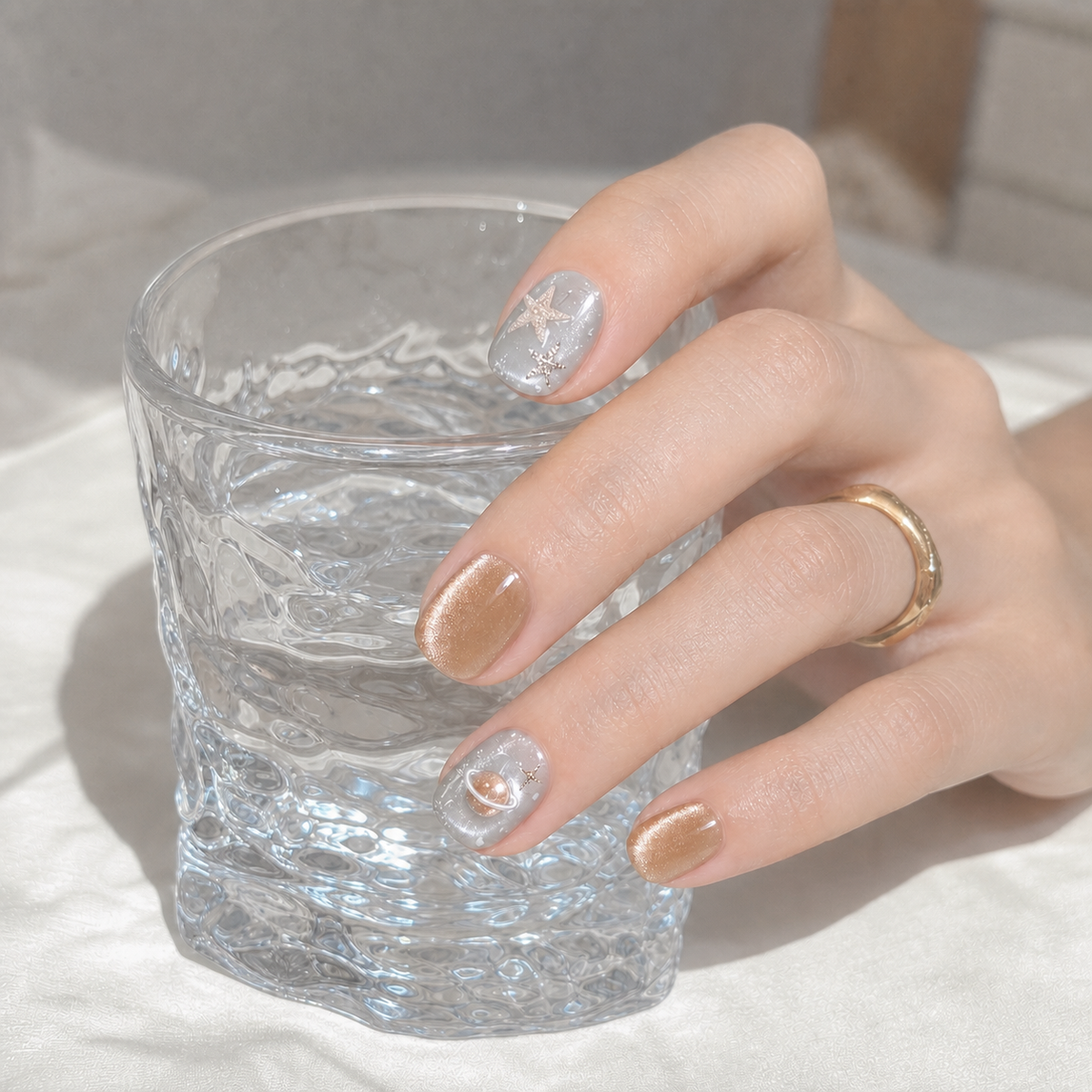 Gilded Orbit Silver & Gold Celestial Short Squoval Press-On Nails