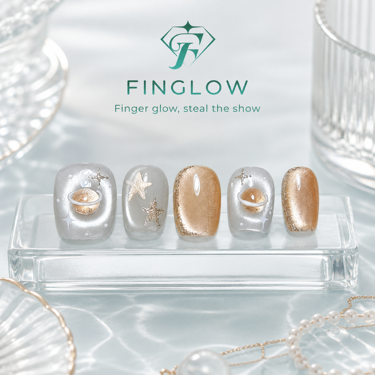 Gilded Orbit Silver & Gold Celestial Short Squoval Press-On Nails