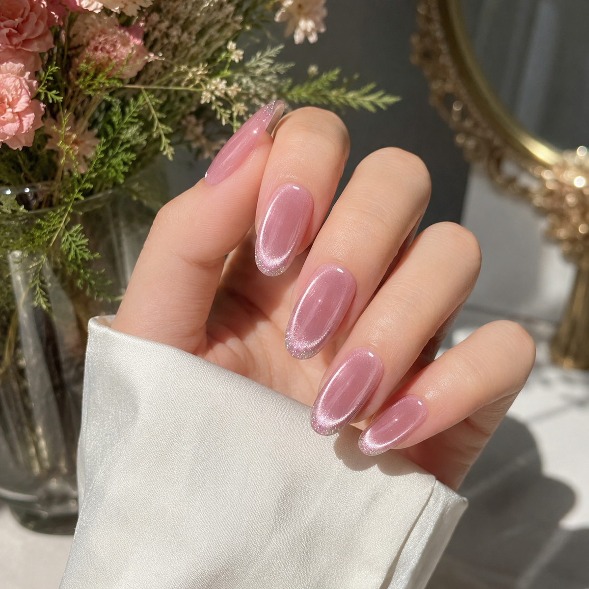 Rose Quartz Halo Dusty Pink Cat-Eye Medium Almond Press-On Nails
