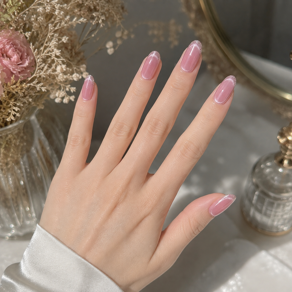 Rose Quartz Halo Dusty Pink Cat-Eye Medium Almond Press-On Nails