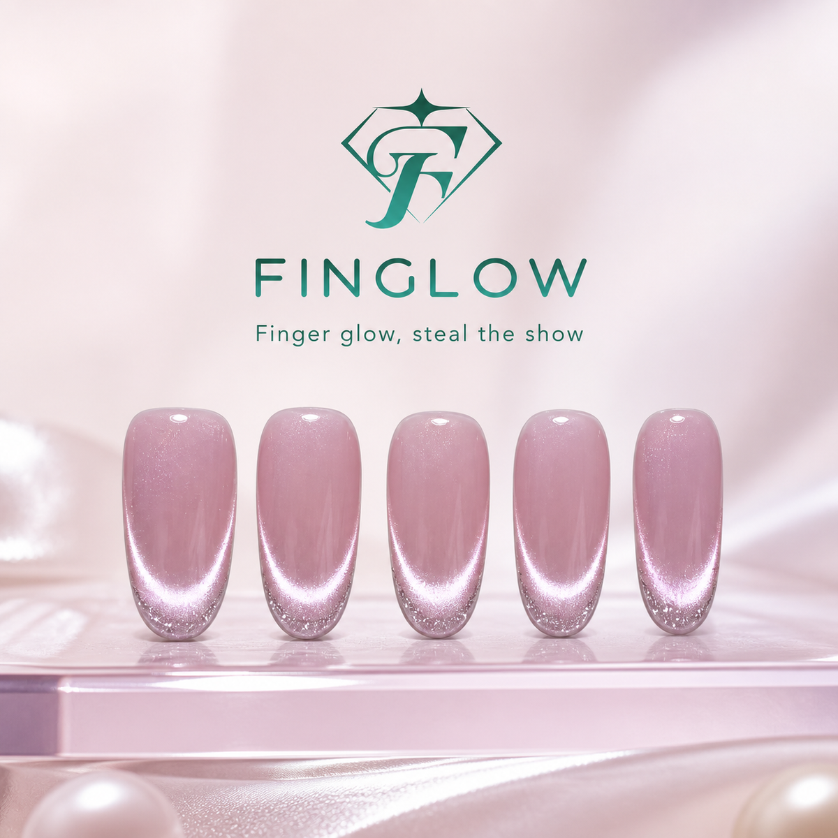 Rose Quartz Halo Dusty Pink Cat-Eye Medium Almond Press-On Nails