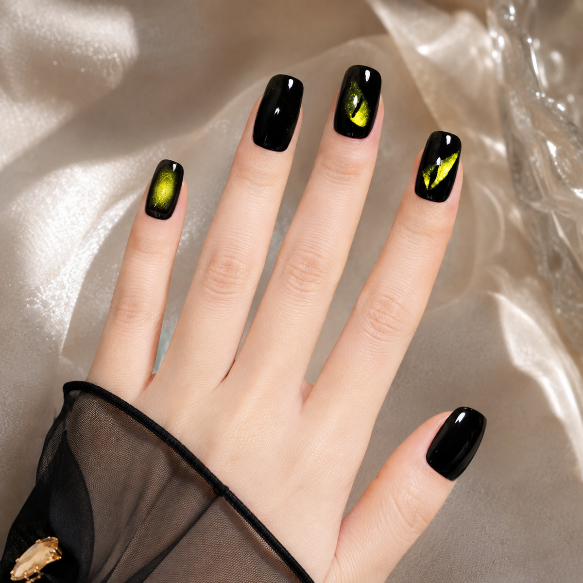 Night Serpent Black Short Squoval Press-On Nails with Neon Eye Art