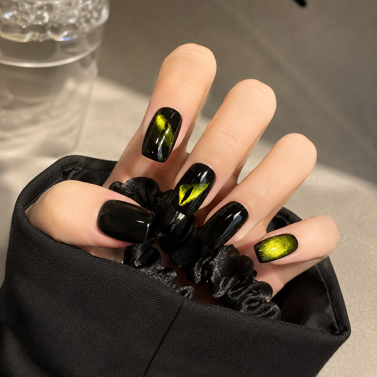 Night Serpent Black Short Squoval Press-On Nails with Neon Eye Art