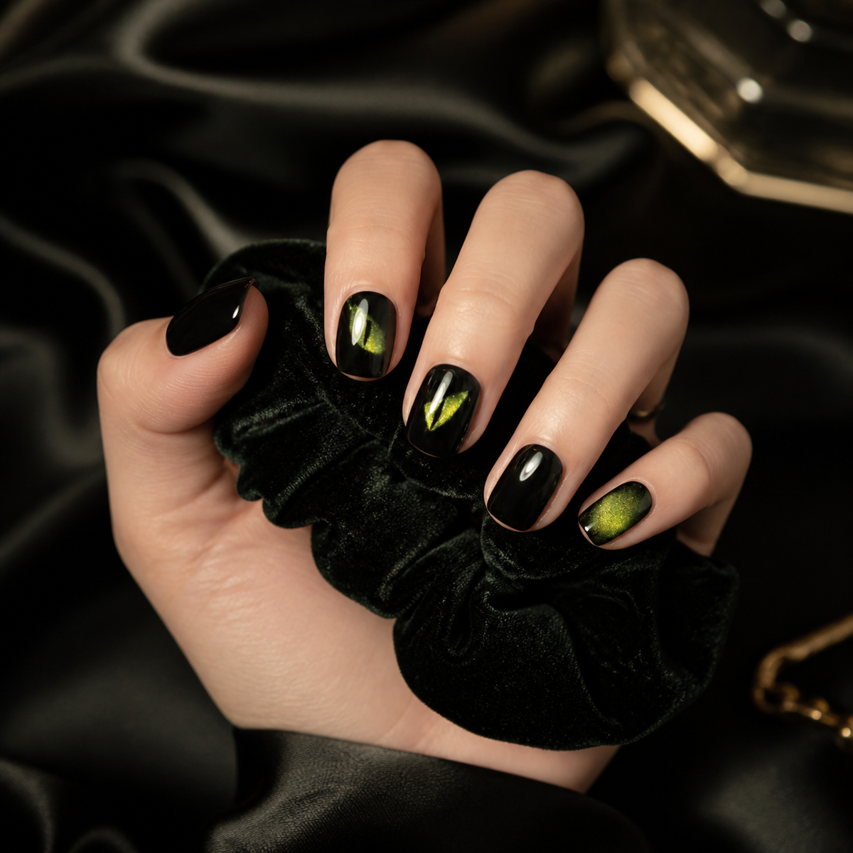 Night Serpent Black Short Squoval Press-On Nails with Neon Eye Art